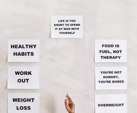 Collection of motivational quotes promoting healthy habits and mental well-being.